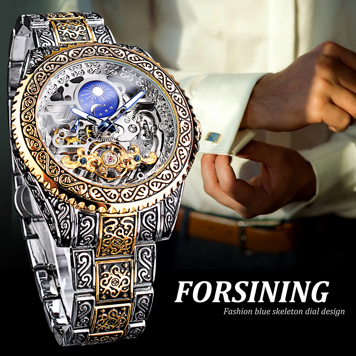 Forsining Mechanical Watch Men Tourbillon Automatic Wristwatch Luxury Hollow Waterproof New Mens Fashion Watches With Moon Pash