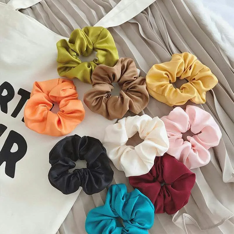 2022 Simple Color Wild Pleated Satin Fabric Hair Tie Girls' Women Hair Elastic Hair Band Hair Ropes Hair Accessories Headwear