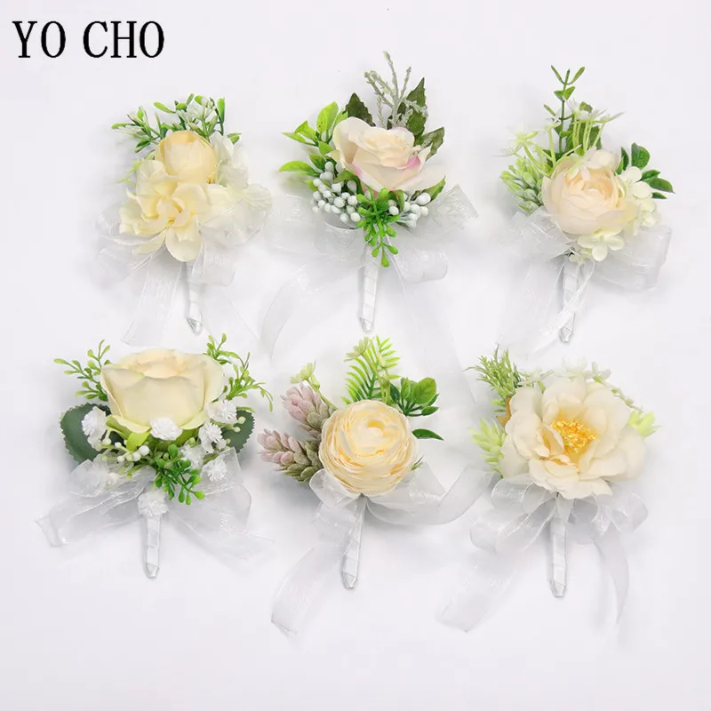 

YO CHO Silk Rose Wedding Corsages and Boutonnieres Groomsmen Boutonniere Buttonhole Man Wedding Marriage Corsage Bracelet Flower