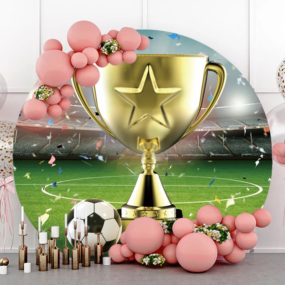 Laeacco Soccer Football Match Champion Trophy Stadium Birthday Party Customized Round Circle Backdrops Photographic Backgrounds