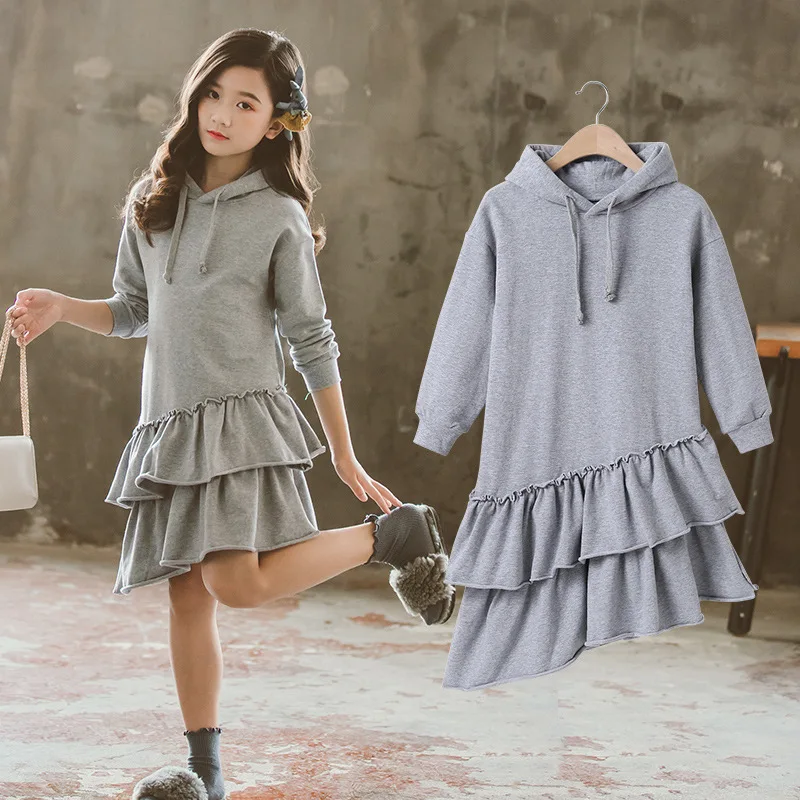 Spring 2024 Gray Hooded Hoodies Dresses For Teenage Girls Asymmetrical Ruffles Toddler Dress Baby Kids Children Clothing 6 8 10Y