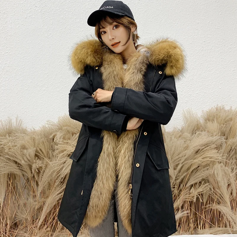 HANZANGL Women Fur Coat 2022 Winter New Style Overcoming Coat Mid-length Detachable Raccoon Fur Liner Parkas 10 color M-7XL