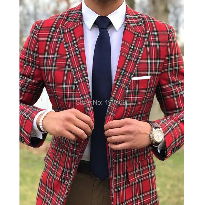 Fashion Scottish Plaid Men Suits for Wedding Groom Tuxedos Slim Fit Peaked Lapel Male Suit 2 Piece Blazer with Pants 2023