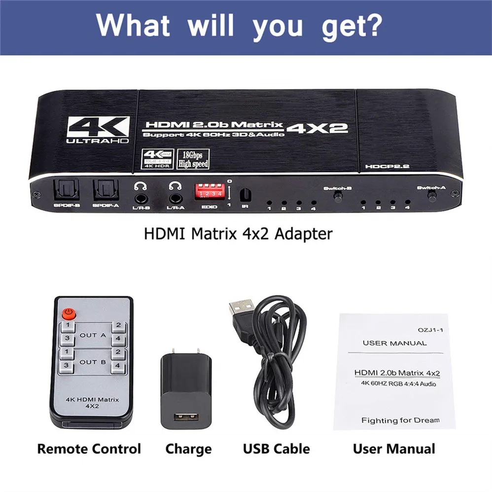 4K @ 60Hz HDMI 매트릭스 4x2 스위치 분배기 지원 HDCP 2.2 IR 원격 제어 HDMI 스위치 4x2 Spdif 4K HDMI 4x2 매트릭스 스위치