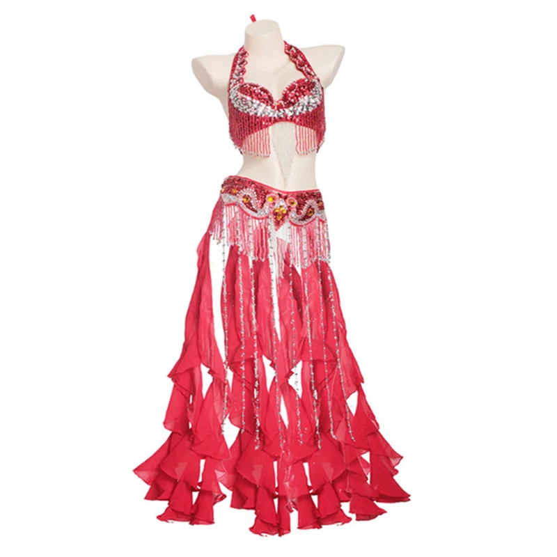 Size S-XL Performance Women Dancewear Professional 2pcs Outfit Oriental Beads Costume Belly Dance Bra Belt with Fringe