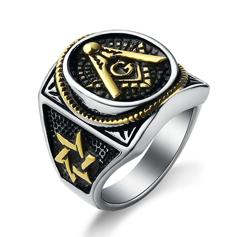 Men's Punk Big Square Freemason Ring Gold Color Mason Ring Stainless Steel Finger Band Rings Jewelry Mason Member Jewelry