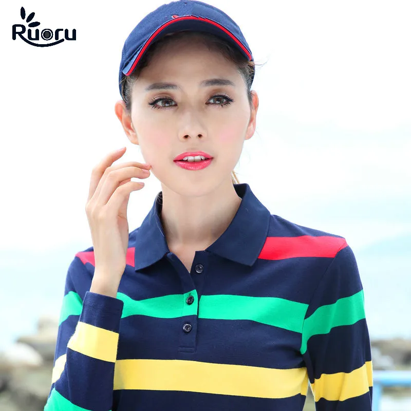Ruoru New Long Sleeve Polo Shirt Women Striped Polo Shirt Casual Polo Femme Slim Ladies Polo Shirts Colorful
