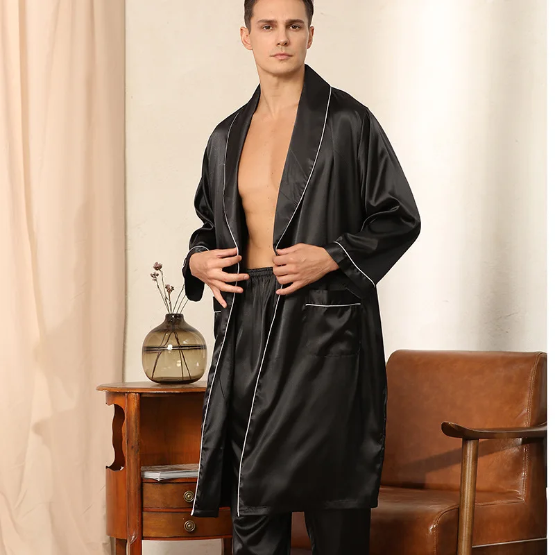 Men Pajamas Satin Kimono Robe Gown With Pants Thin Nightgown Two-pieces Bathrobe&Trousers Suit Summer Long Sleeve Nightwear