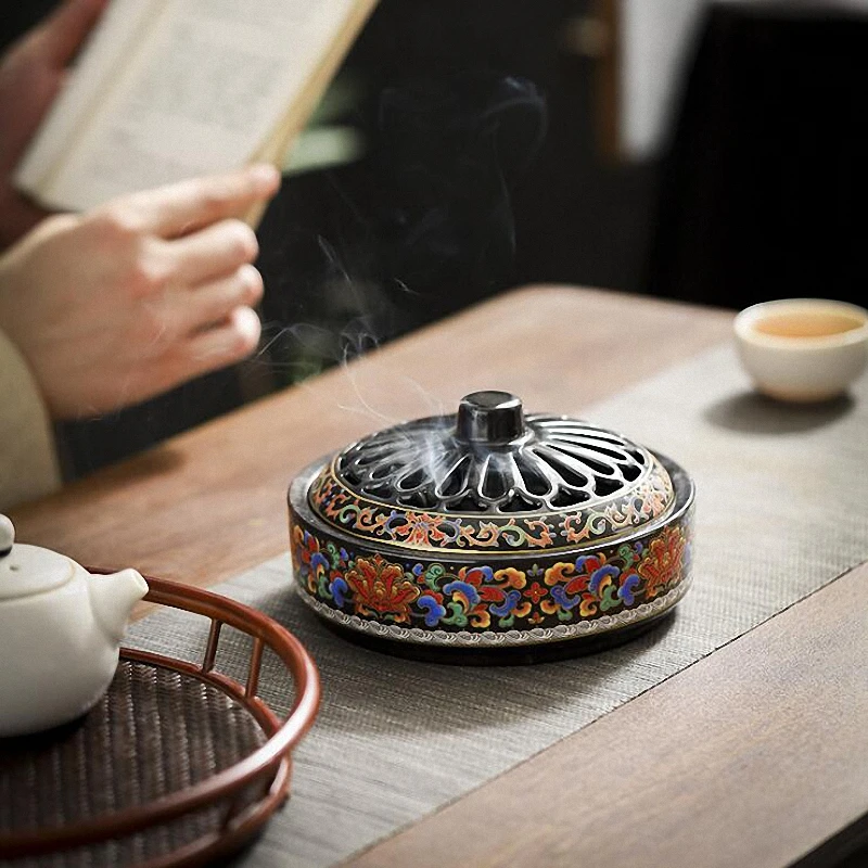 PINNY Large Enamel Ceramic Incense Burner Cloisonne Mosquito Coil Censer Room Decoration Meditation Home Decoration Accessories