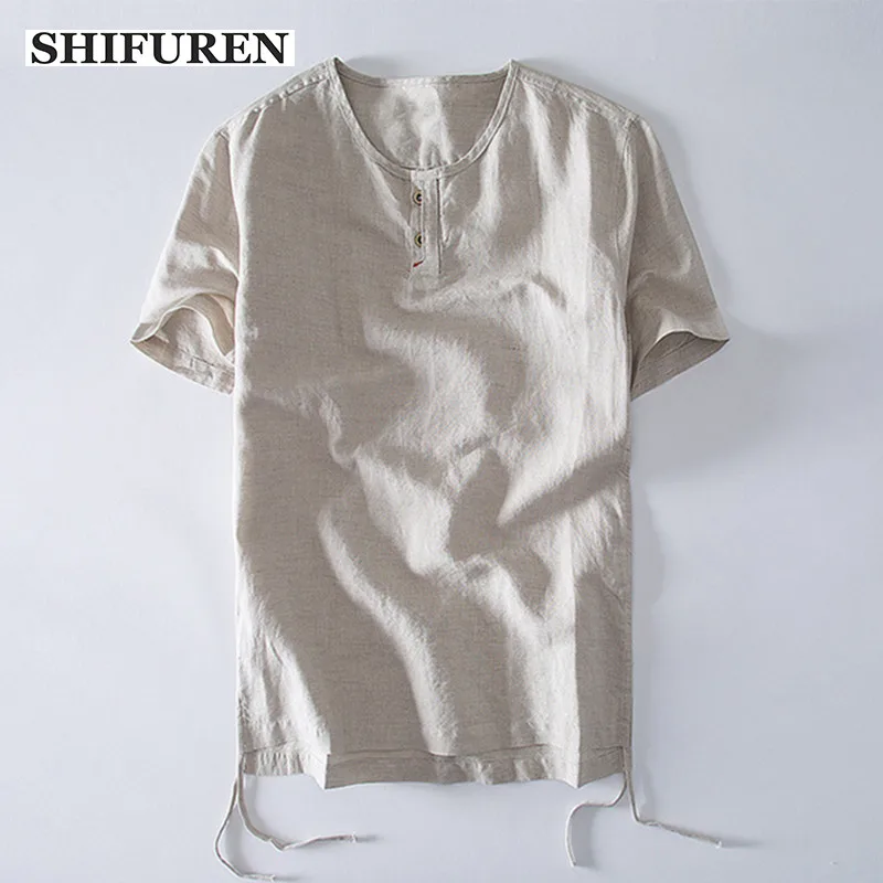 

SHIFUREN Breathable Cotton Linen Shirts Men Shorts Sleeve Tops O-Neck Summer Causal Male Social Shirts Blouses Size M-XXXL