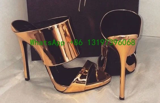 

Lady sexy outer wear high-heeled slippers gold open toe mules stiletto heels sandals slingback gold patent leather high heels