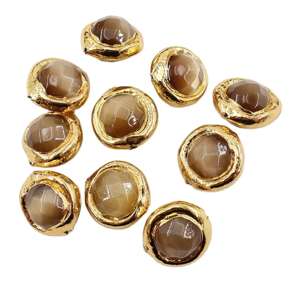 

APDGG 10Pcs 15MM Natural Brown Cat eye Loose Beads Gold Plated Connector Beads For Necklace Pendant Jewelry DIY