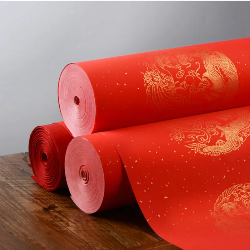 New Year Paper Cutting Special Xuan Paper Chinese Spring Festival Couplets Red Rice Paper 100m Calligraphy Brush Half-Ripe Xuan