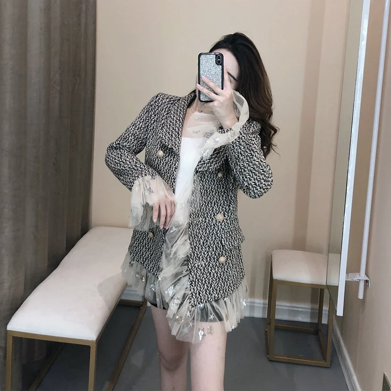 Spring Elegant Women Tweed Jacket Streetwear Patchwork Lace Vintage Short Coat Double Breasted Slim Outerwear Office Lady Jacket