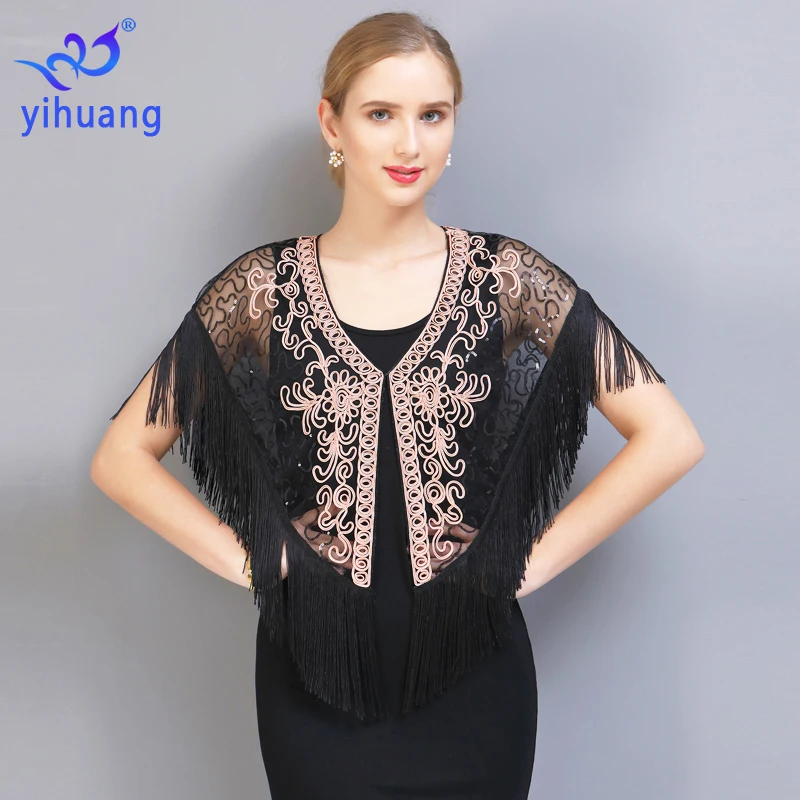 

New Female 1920s Sequin Tassel Shawl Mesh Fringe Evening Party Cape Flapper Cover Up Short Sleeve Blouses