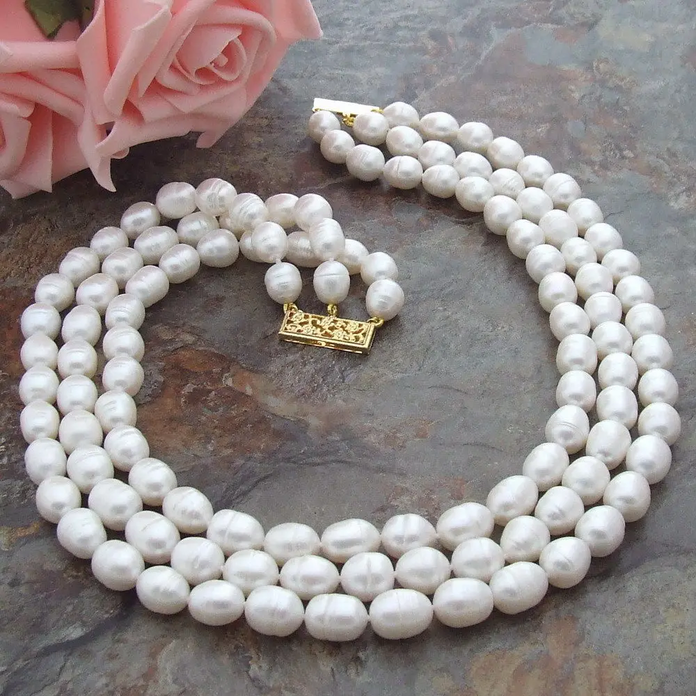 

3 Strands 8-9mm White Rice freshwater Pearl Necklace 17"-19"