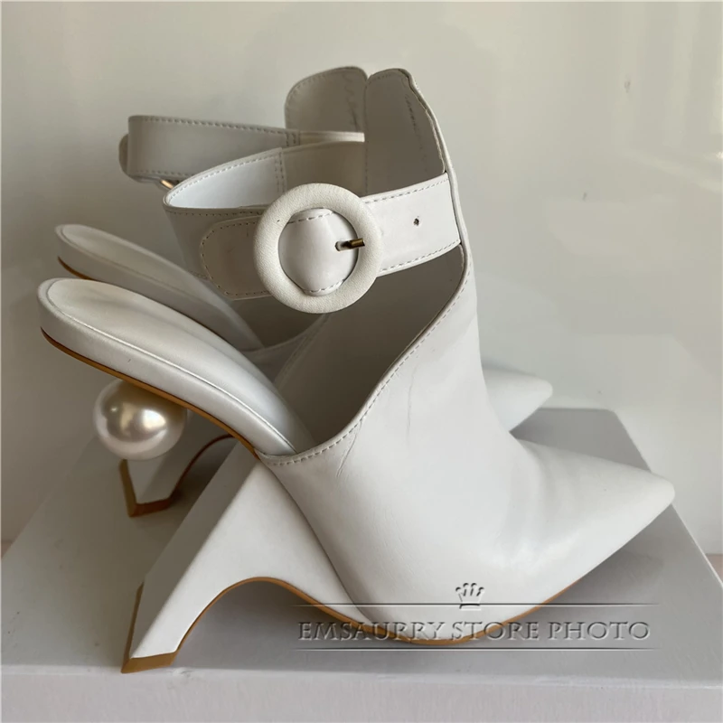 Novelty Fretwork Heel Runway Boots Women Sexy Point Toe Slingbacks With Buckle Belt Pearl Decor High Heel Botas Mujer