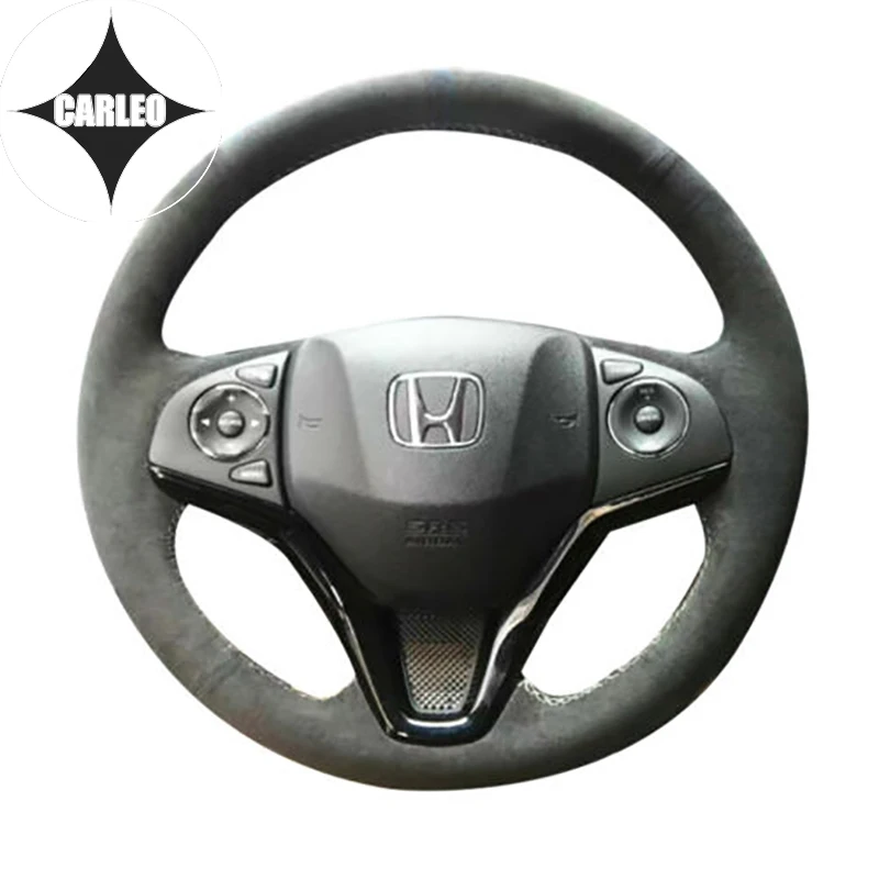 DIY Car Steering Wheel Cover for Honda Fit 14-19 Genuine Suede Leather Custom White Thread Hand Stitching Holder Top Layer Wrap