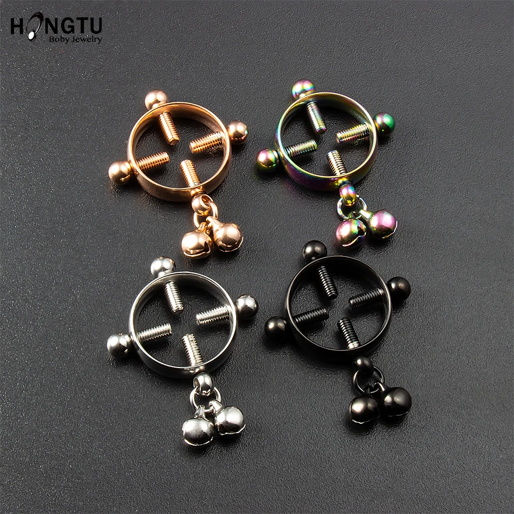 2PC Screw Bell Pendant Fake Nipple Ring Women Stainless Steel Fashion Piercing Jewelry Body Jewelry Round Nipple Piercings Bar image 3