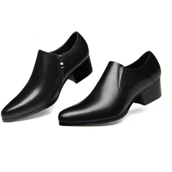 Mens high heel genuine leather wedding dress shoes men daily business office work height increase pointed toe zip designer shoes