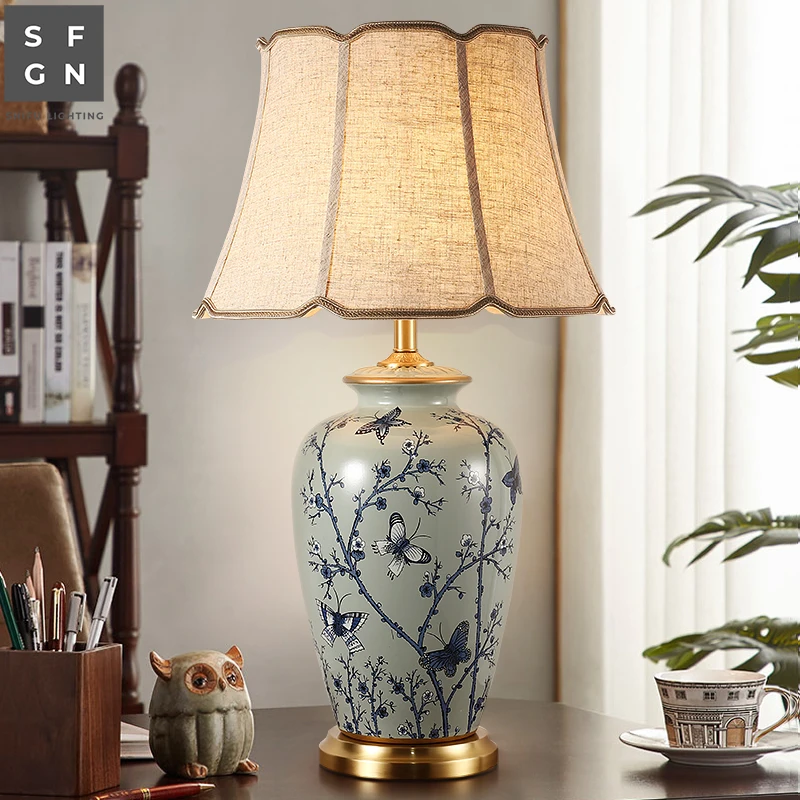 Copper Table Lamp Modern Chinese Style for Living Room Jingdezhen Ceramic Lamp Luxury Bedroom Bedside Decorated LED Lamp