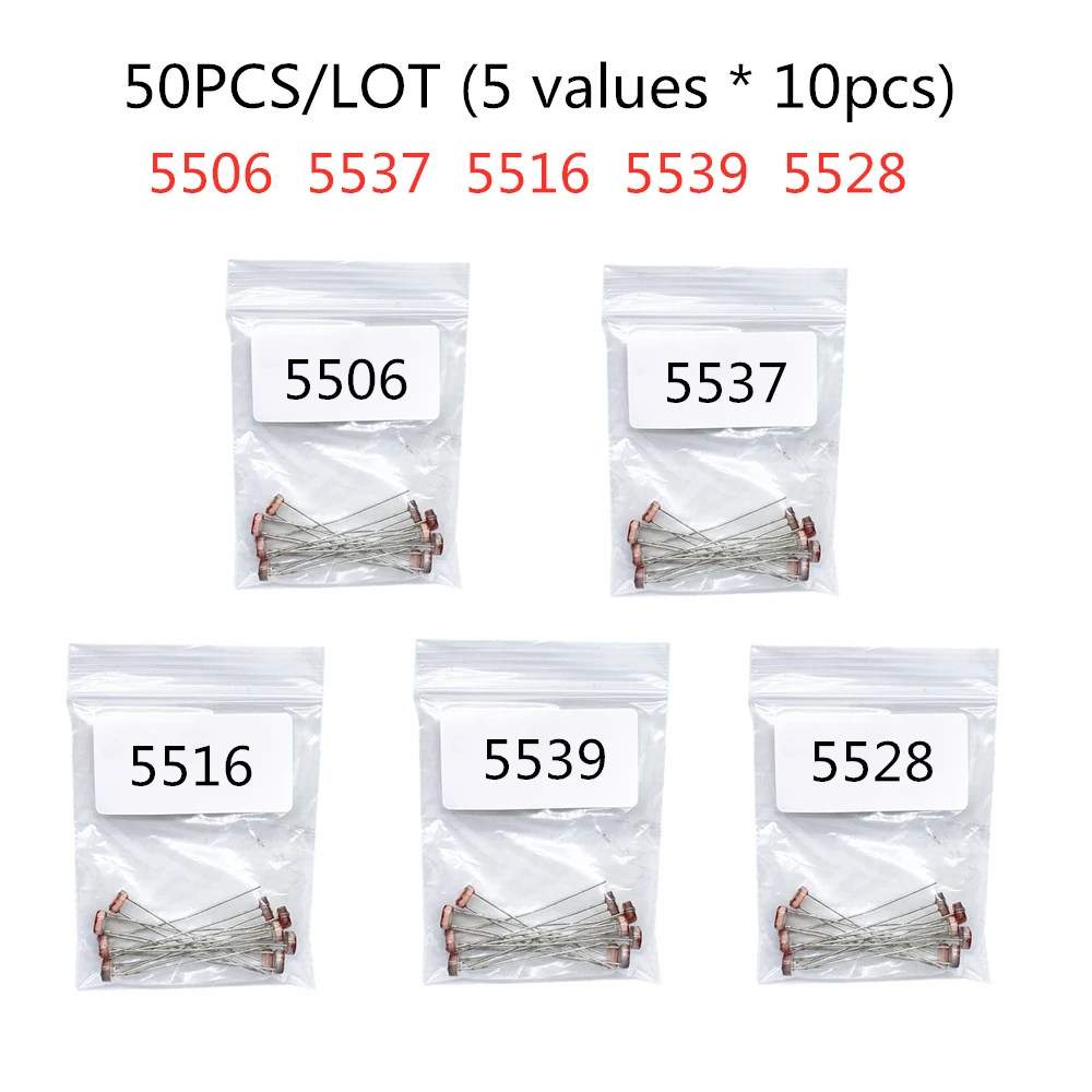 20-50 szt. (5 wartości * 10 szt.) Zestaw fotorezystorów LDR, rezystorów światłoczułych, fotorezystorów do 5506 5516 5528 5537 5539