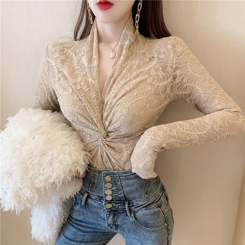 Elegant Gauze Lace Hook Flower Hollow Blouses 2023 Spring Autumn New Sexy V-Neck Slim Long Sleeve Blouse Women's Clothing Shirts