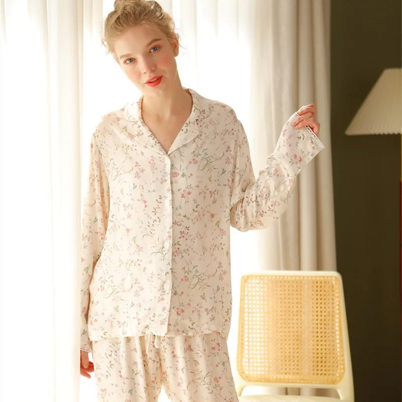 Viscose Fashion Pajama Sets For Women Casual Long Sleeve Floral Print Sleepwear Spring Autumn Loose Home Clothes