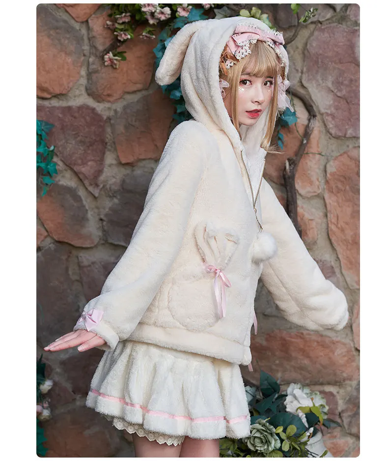 Manteau en peluche Lolita automne et hiver, manteau en peluche, oreilles de chat, oreilles de lapin, veste victorienne, manteau gothique, loli cos lolita top