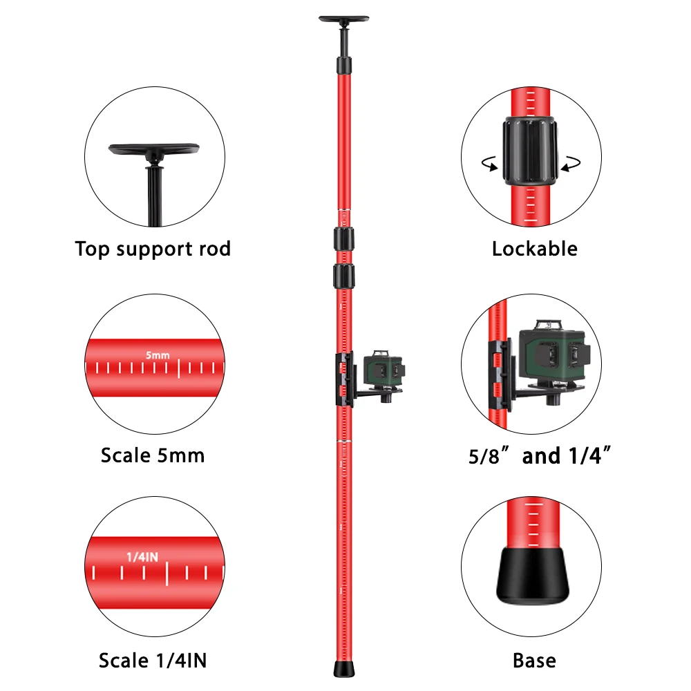 Laser Telescoping Pole Extend Laser Level Bracket With 1/4"and 5/8" Adapter Mount Ceiling Leveling Rod For Laser level 4M/2.8M