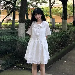 Dresses Women Peter Pan Collar Japanese Style Sweetie Ladies Summer Pure-white Basic Prevalent Student Tender Streetwear Leisure