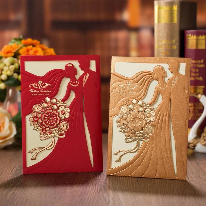 

1pcs Gold Red Bride And Groom Laser Cut Wedding Invitation Card Greeting Card Customized Party Favors Wedding Decoration