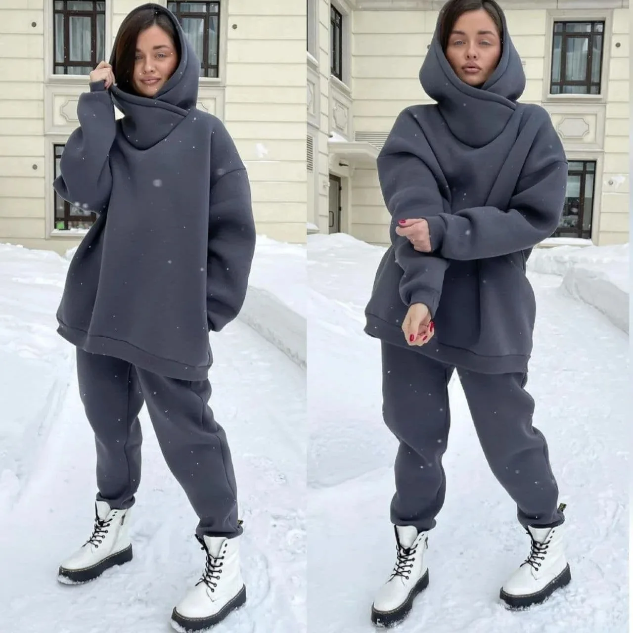 Autumn Winter Warm Tracksuit Women Two Piece Set Oversize Hoodie Sweatshirt And Jogger Pants Sportswear Outfit Fleece-lined Suit