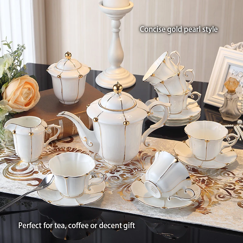 Gold Pearl Bone China Coffee Set British Porcelain Tea Set Luxury Ceramic Pot Creamer Sugar Bowl Teatime Teapot Coffee Cup Mug