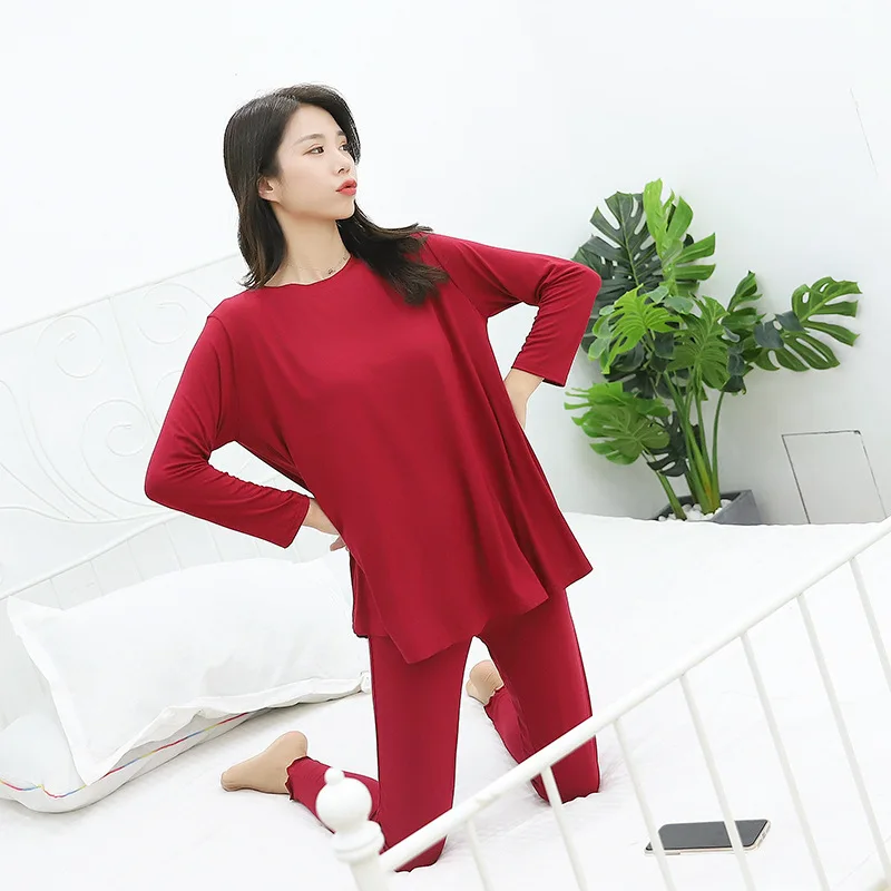 Female 2PCS Long Sleeve Shirt Long Pants Modal Pajamas Set For Women Nightshirt Casual Home Service Elasticity Sleepwear