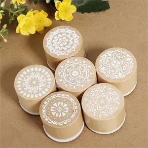 DIY 6pcs/SET Assorted Retro Vintage Floral Flower Pattern Round Wooden Rubber Stamp ScrapbookAA