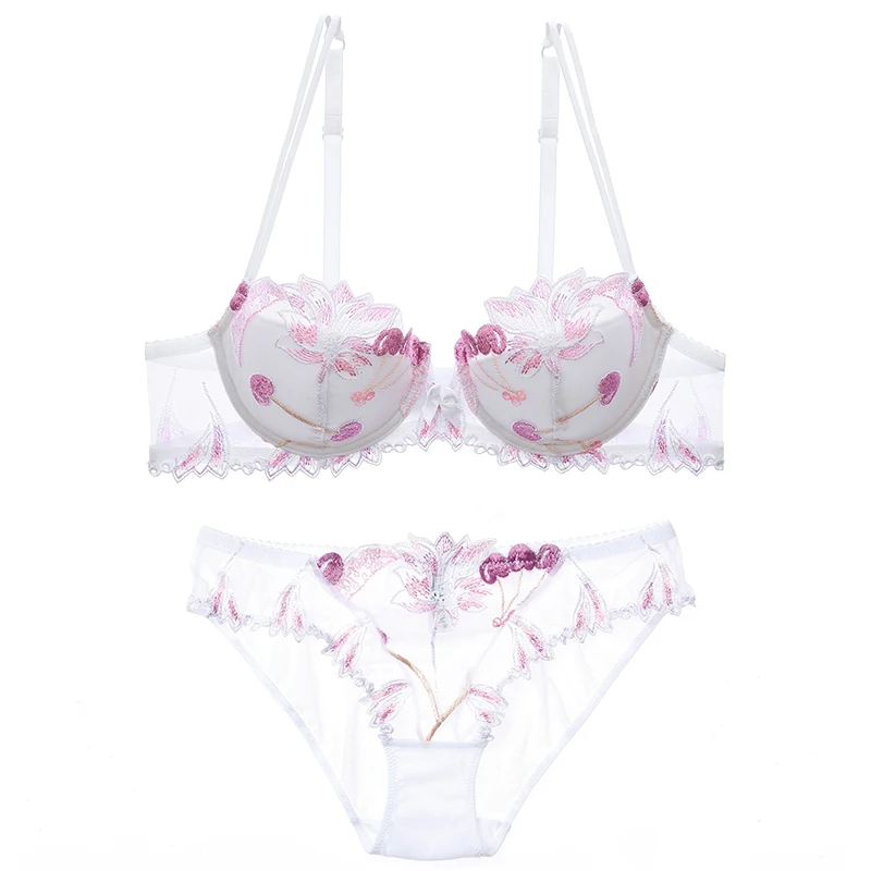 BALALOUM New Arrivals Women Sexy Paded Thin Cotton Bra Brassiere Sets Floral Lace Embroidery Underwire Pink Lingerie Underwear