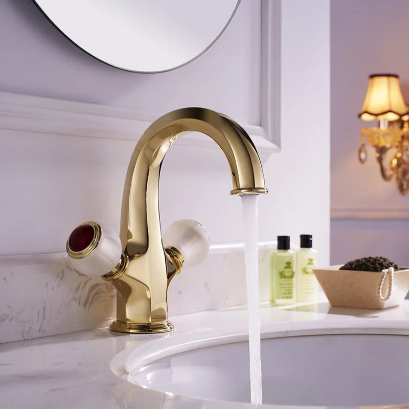 Luxury Gold Nordic style Bathroom sink faucet 1 Holes 2 handles Basin mixer Tap Golden Artistic Cold hot Copper Bath faucet