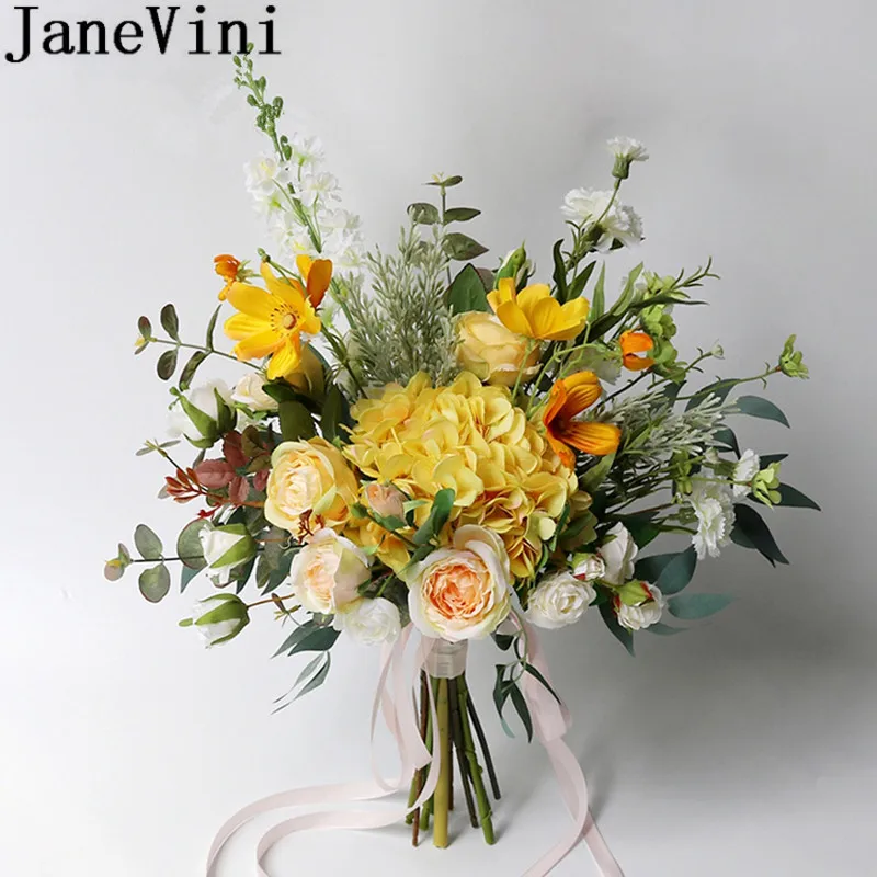 JaneVini – Bouquet de mariage en soie, fleurs bleues artificielles, fait à la main, feuille de Rose jaune, demoiselle d'honneur