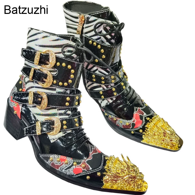 Batzuzhi Cowboy Designer's Boots Men Black Leather Ankle Men's Boots Golden Metal Toe Buckles Lace-up Motorcycle Botas Hombre