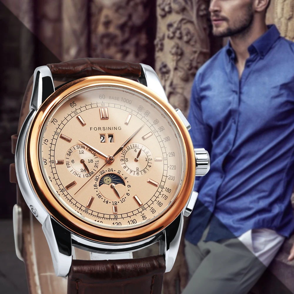 Forsining Retro Mechancial Watches Moon Phase Shanghai Movement Rose Gold Case Brown Leather Strap Luxury Automatic Mens Watch