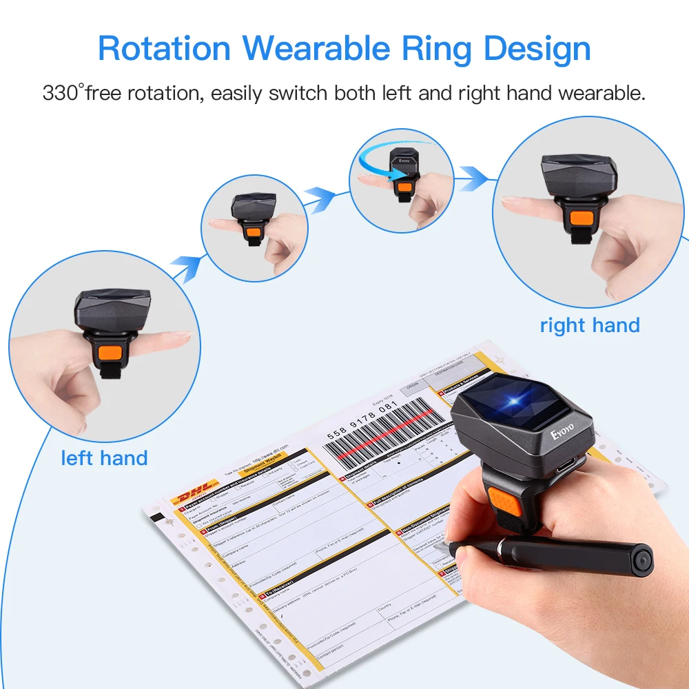 Eyoyo EY-016L 1D Wearable Ring Barcode Scanner Bluetooth 2.4GHz Wireless USB Wired Connection Mini Finger Bar Code Reader