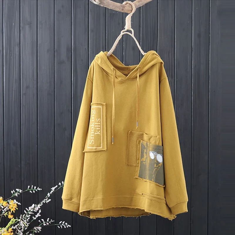 New Arrival 2021 Spring Arts Style Women Long Sleeve Loose Pullovers Print Patchwork Cotton Casual Hooded Hoodies V74