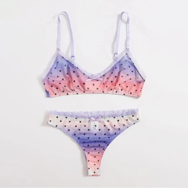 LEECHEE New Bra Set Star Print Lingerie Set Sexy Women\'s Underwear Gradient Color Sexy Bikini Lingerie Comfortable Bralette Set