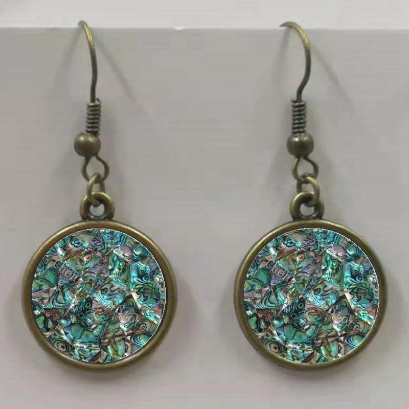 Round glass shell abalone pattern round glass pendant earrings, earrings jewelry wholesale