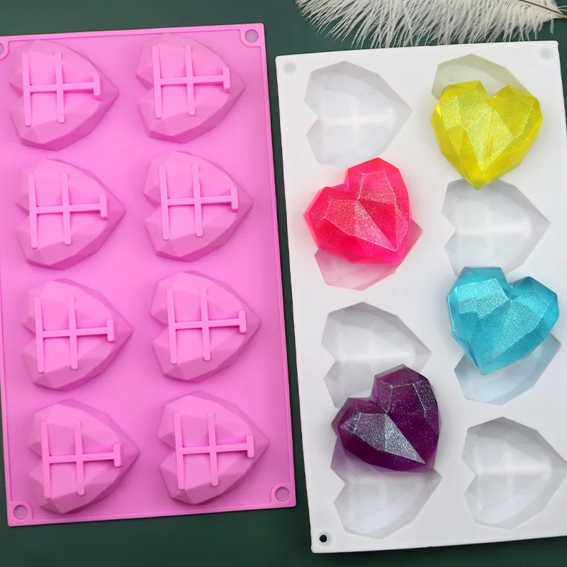 

8 Cavity Diamond Heart Silicone Cake Mould 3D HLove Shape Fondant Mousse Chocolate kitchen Baking Mold Soap and ice cube molds