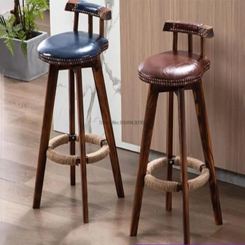 

Rotatable Bar Chair Stool Solid Wood 4 Leg Dining Chair Bar Counter Chair High Footstool With Low Backrest Commercial Furniture