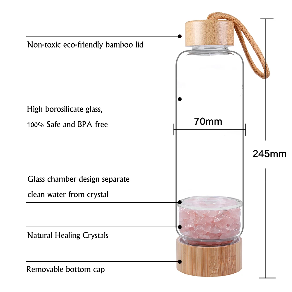 Drop Shipping Crystal Gravel Healing Reiki Bamboo Glass Bottle Natural Gravel Irregular Stone Crystal Glass Water Bottle