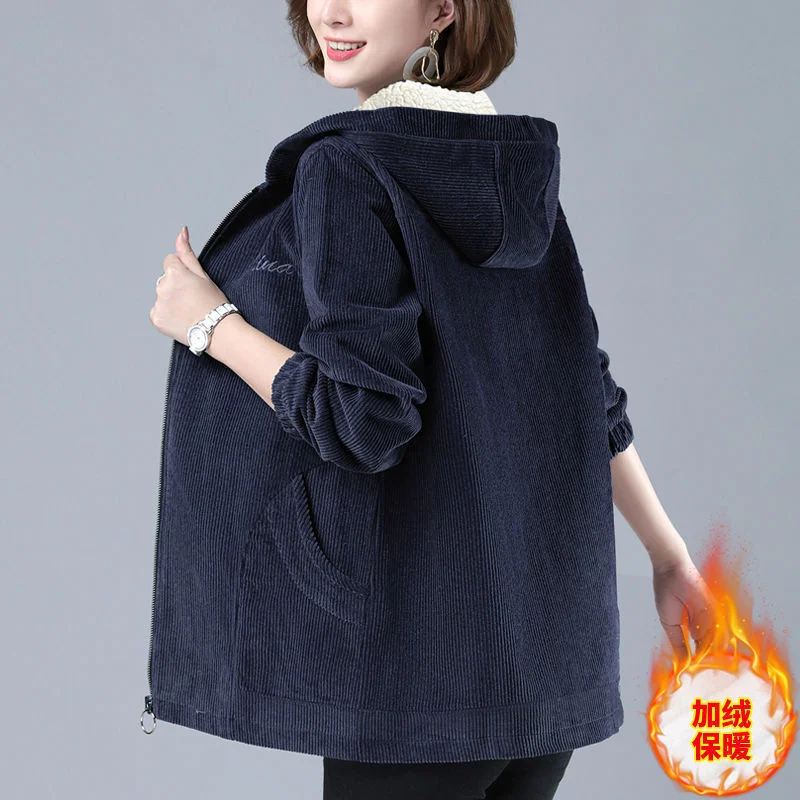 Corduroy Velvet Thick Short Coat Female Tide 2022 Autumn Winter Mothers Loose Warm Lamb Wool Zipper Slim Hooded Jacket A648