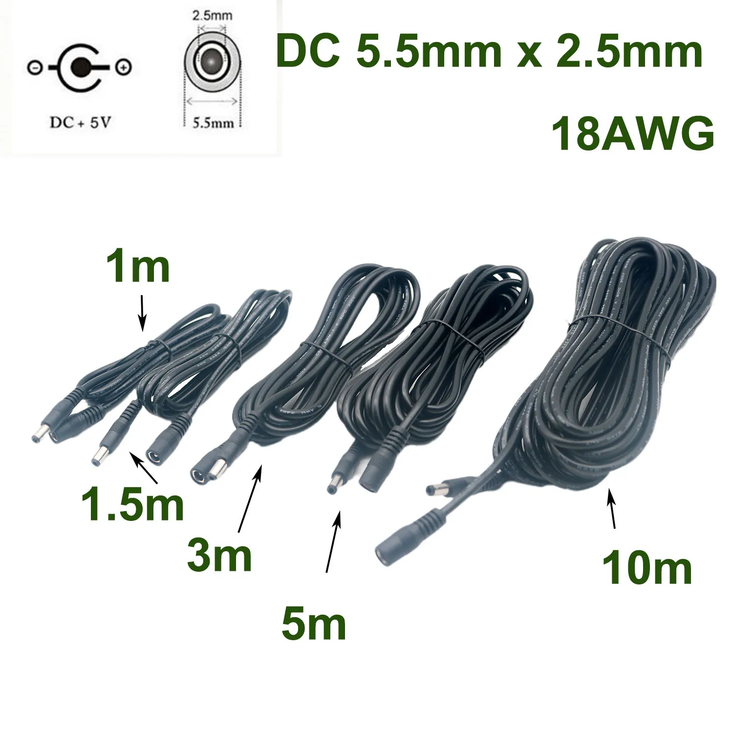 1pc CCTV DC Power 5.5mm x 2.5mm Male To Female Adapter Connector Extension Cord Extender Converter Cable 18AWG